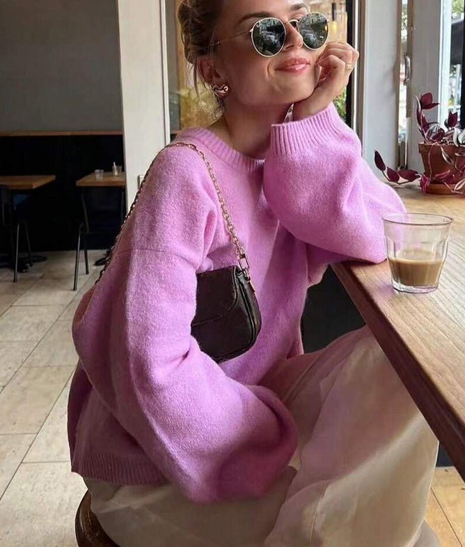 Yellow Solid Color Round Neck Long Sleeved Knitted Women's