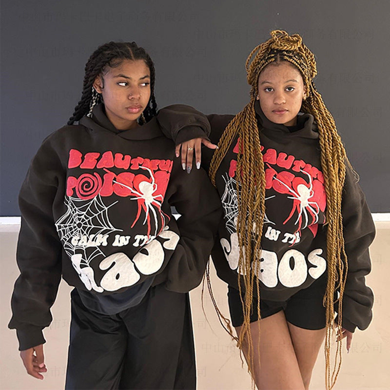 Letter Spider Web Foam Loose Hip Hop Hooded Pullover