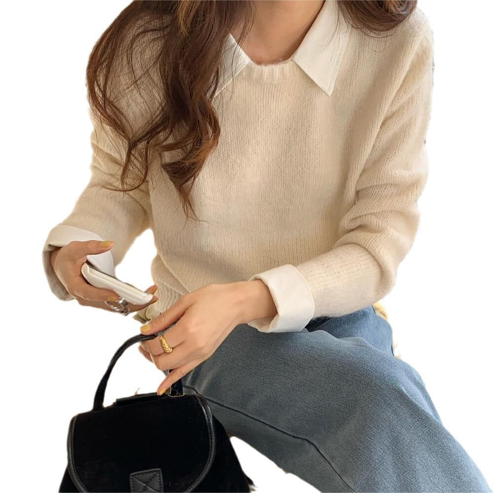 Idle Style Contrast Color Lapels Knitwear Top For Women