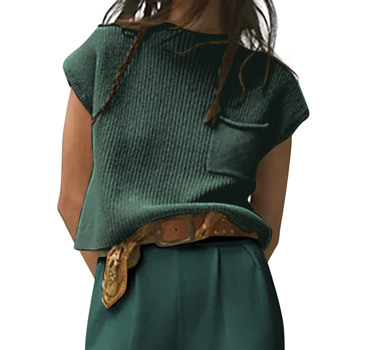Women's Knitted Sleeveless Pocket Casual Rib Pullover