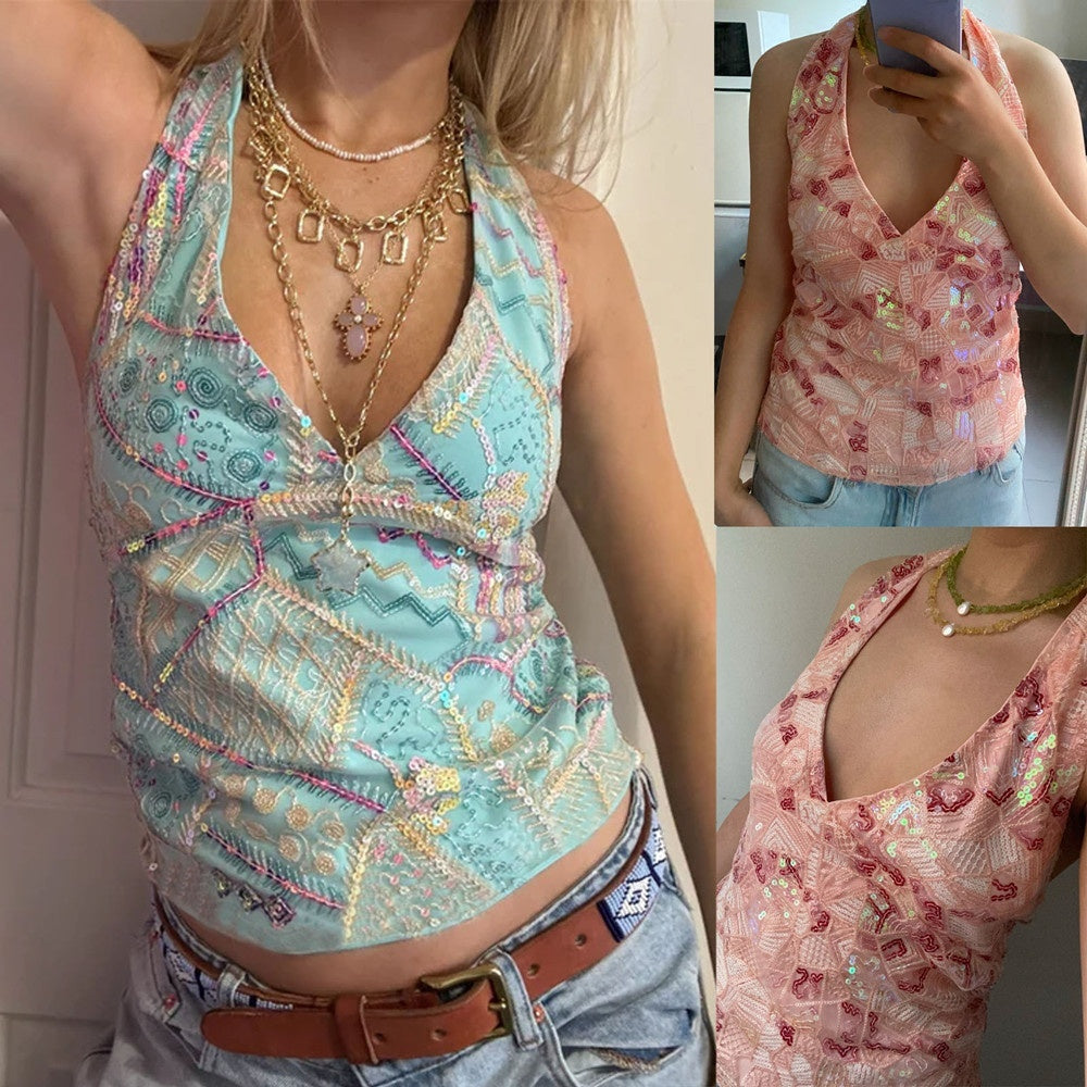 Women's Clothing Sequins Glitter Casual V-neck Sleeveless Vest