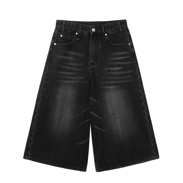 High Waist Wide Leg Cropped Denim Shorts Black Washed