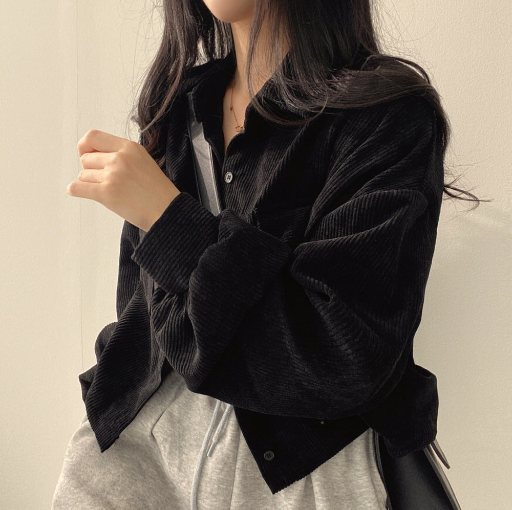 French Style Retro Easy Matching Corduroy Shirt Long Sleeve Coat For Women