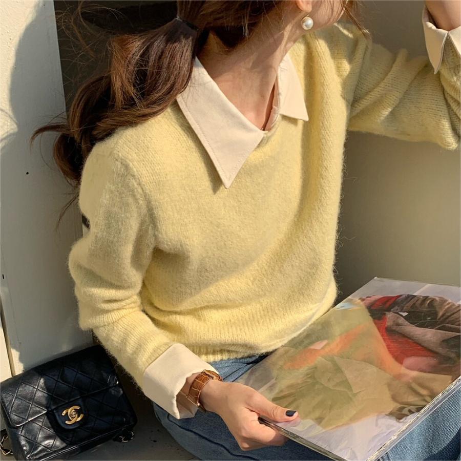 Idle Style Contrast Color Lapels Knitwear Top For Women