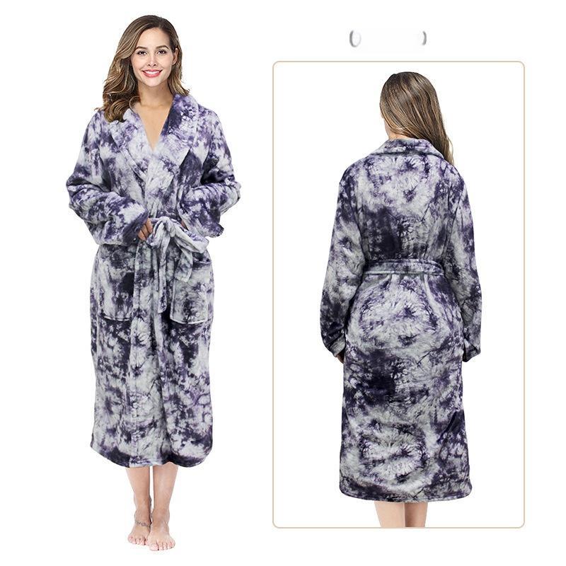 Flannel Couple Lapel Solid Print Nightgown