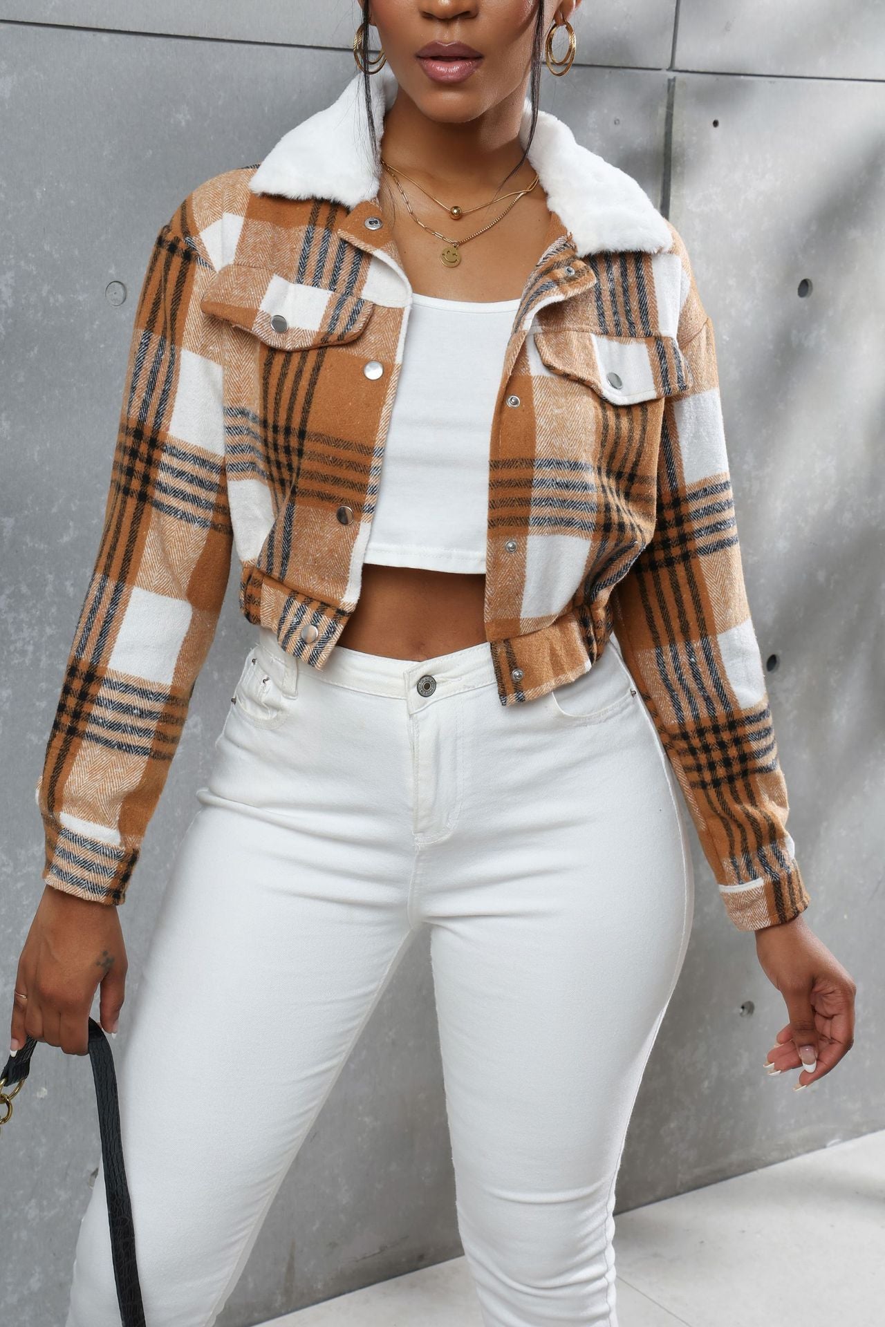 Fashion All-match Plaid Long Sleeve Short Top