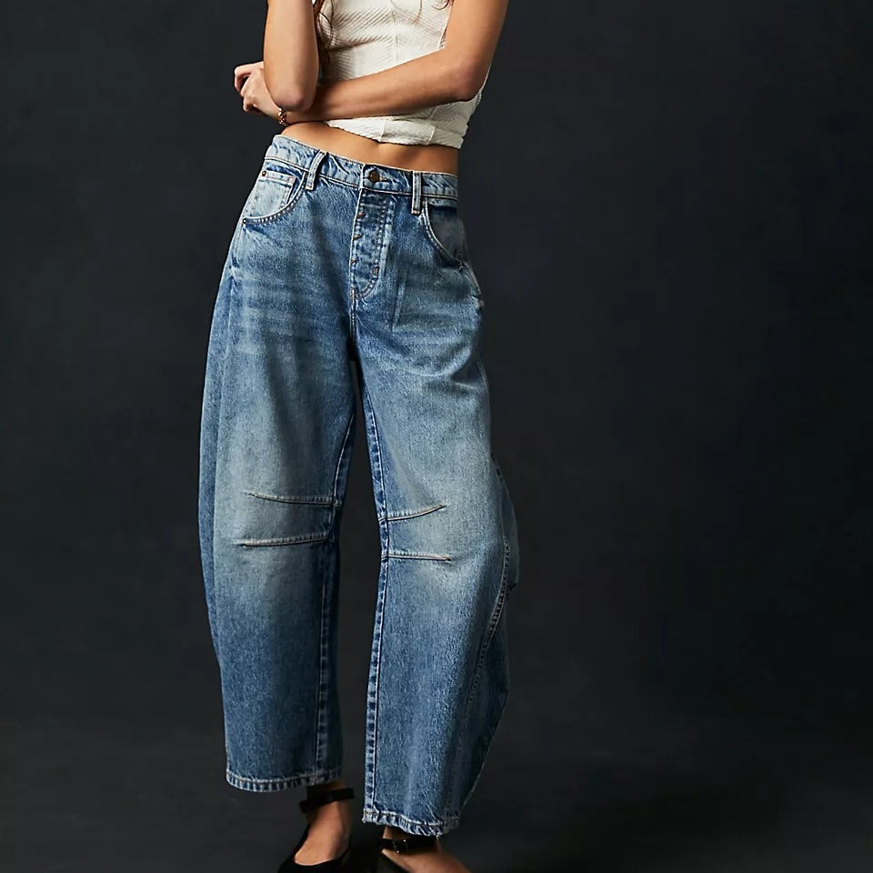 Women Casual Baggy Mid Waist Denim Jeans