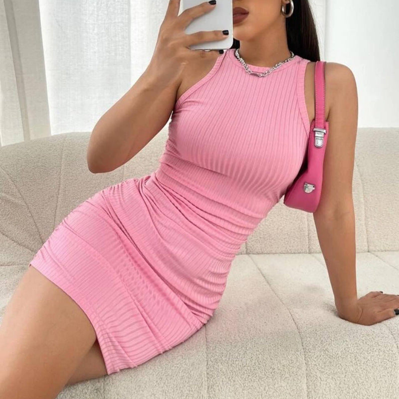 Sleeveless Round Neck Pleated Stretch Slim-fit Dress