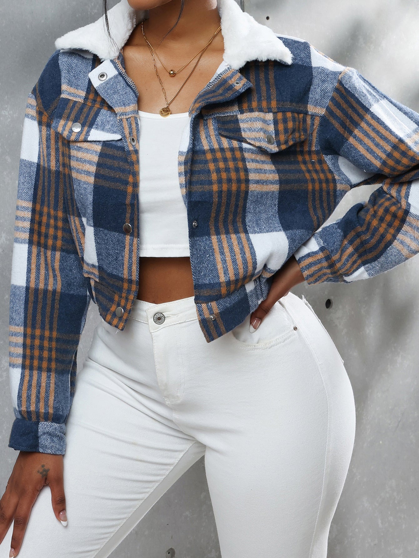 Fashion All-match Plaid Long Sleeve Short Top