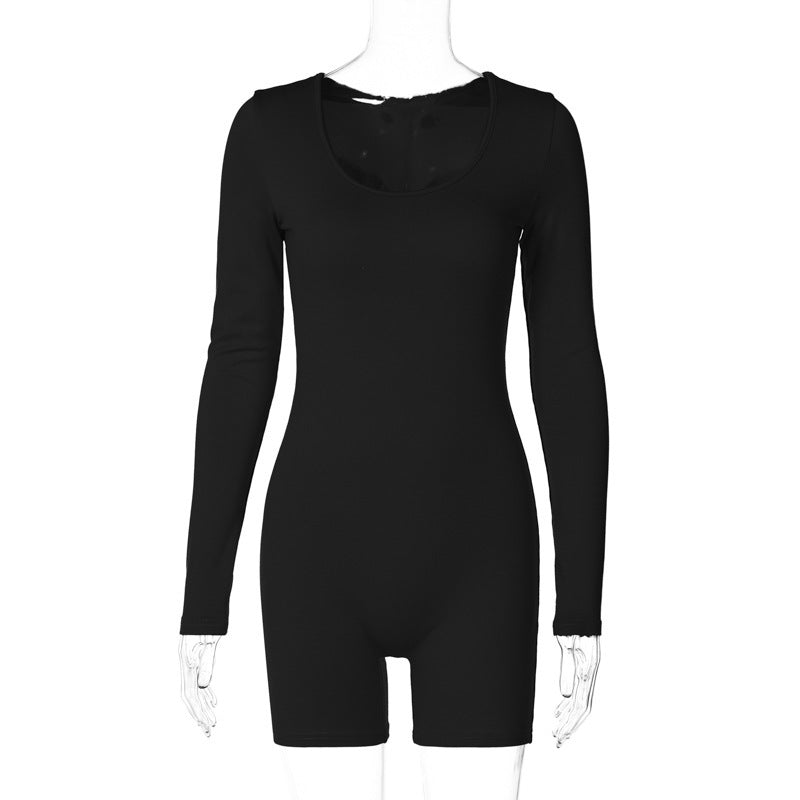 Solid Color Slim Fit Sports Long Sleeve Jumpsuit