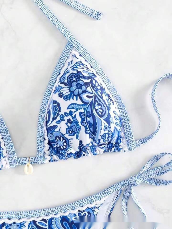 Blue And White Porcelain Printed Bikini Swimsuit Suit