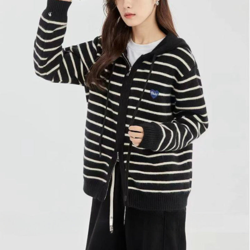 Loose Sports And Leisure Gray Hooded Knit Cardigan For Women