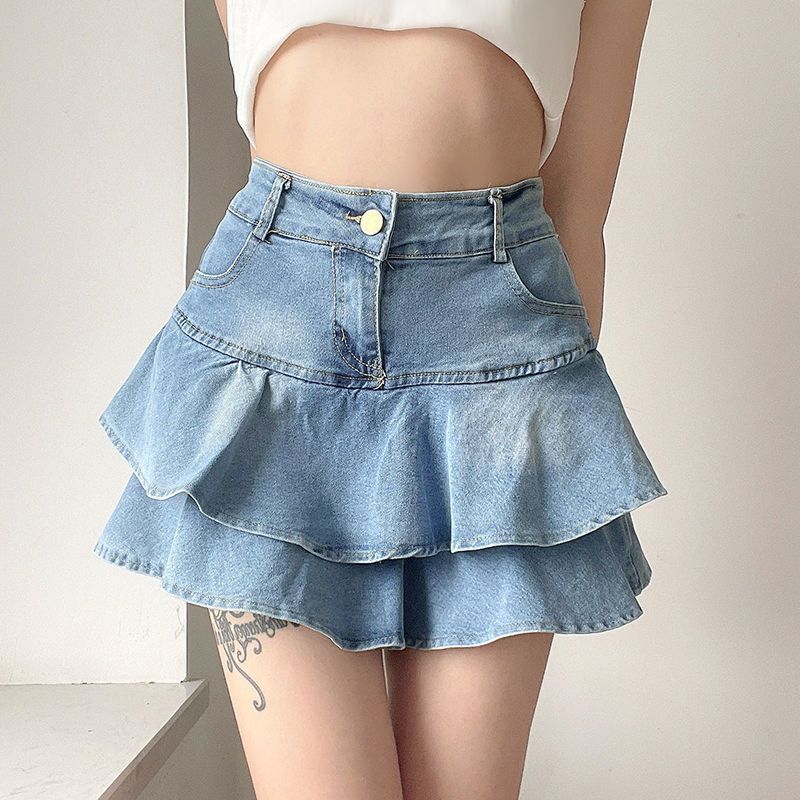 Women's Double-layer Ruffled Denim Skirt
