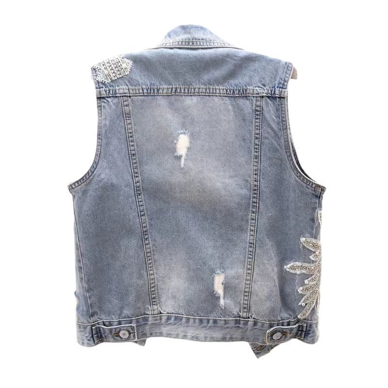 Women's Lace Studded Beaded Denim Jacket