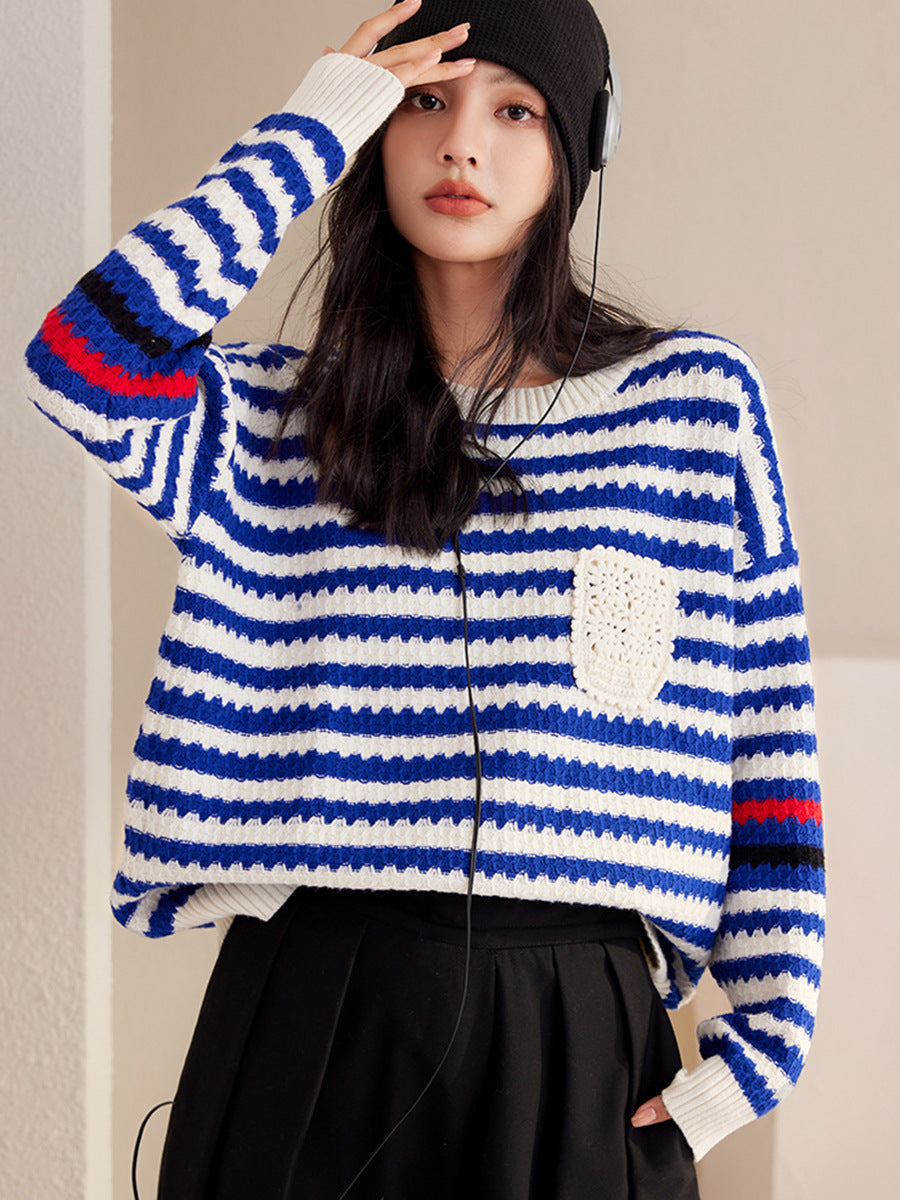 Autumn And Winter Blue Women's Striped Pullover Fashionable Sweater