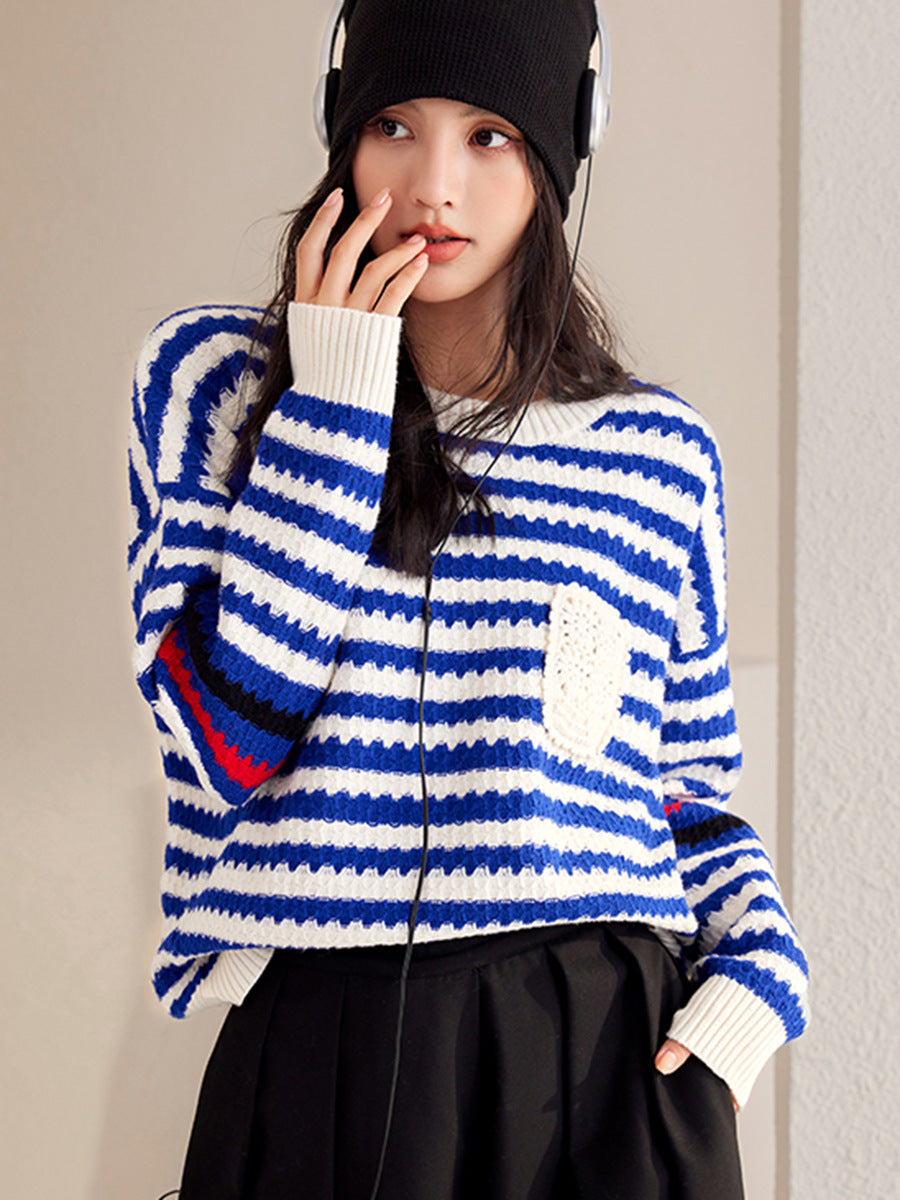 Autumn And Winter Blue Women's Striped Pullover Fashionable Sweater