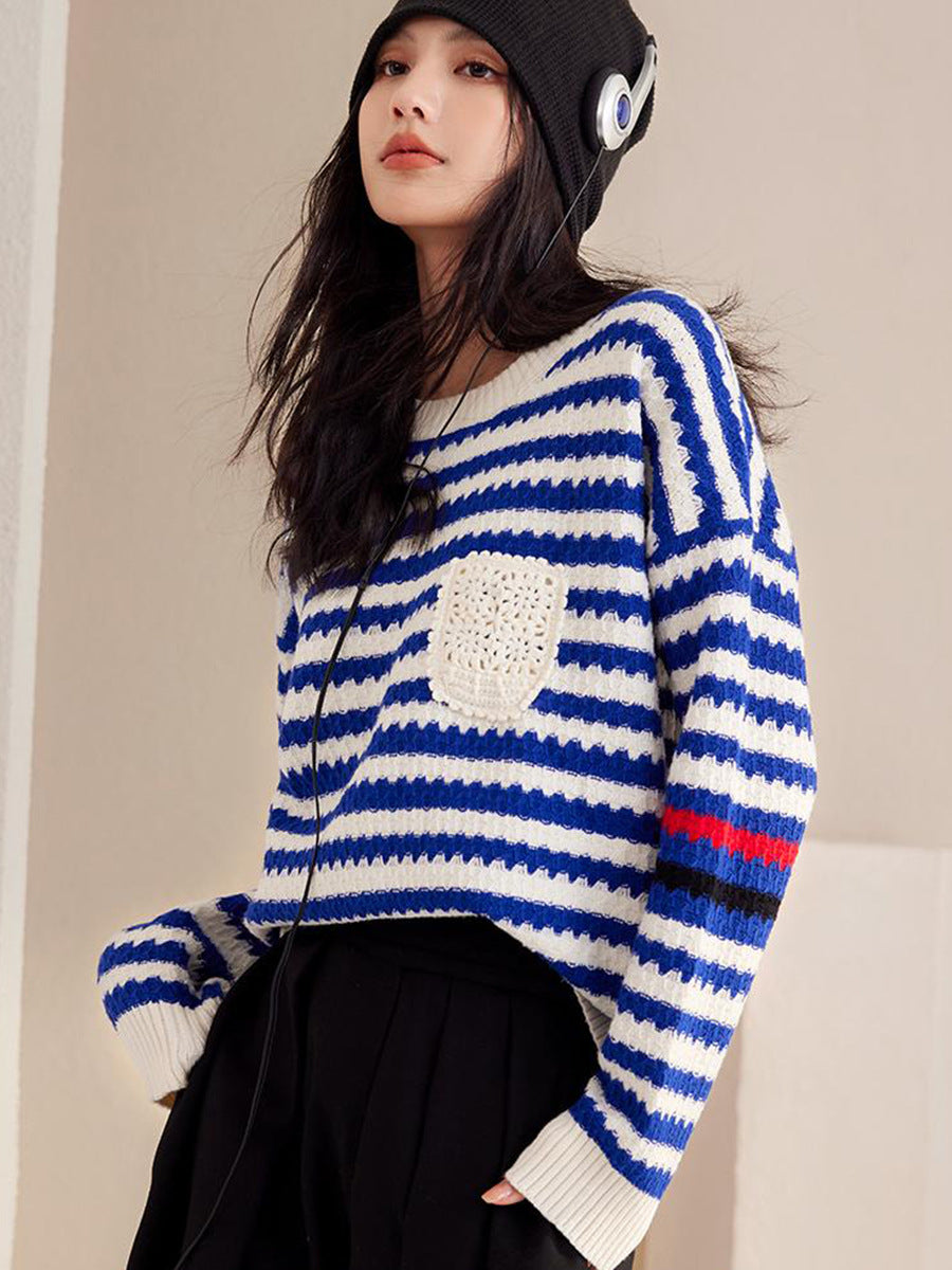 Autumn And Winter Blue Women's Striped Pullover Fashionable Sweater