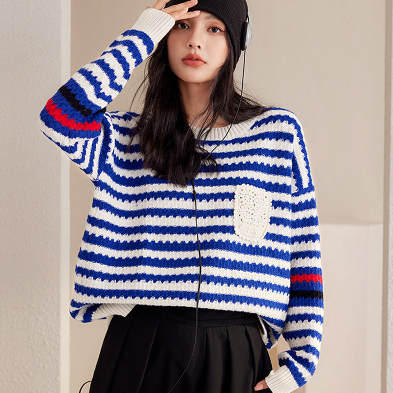 Autumn And Winter Blue Women's Striped Pullover Fashionable Sweater