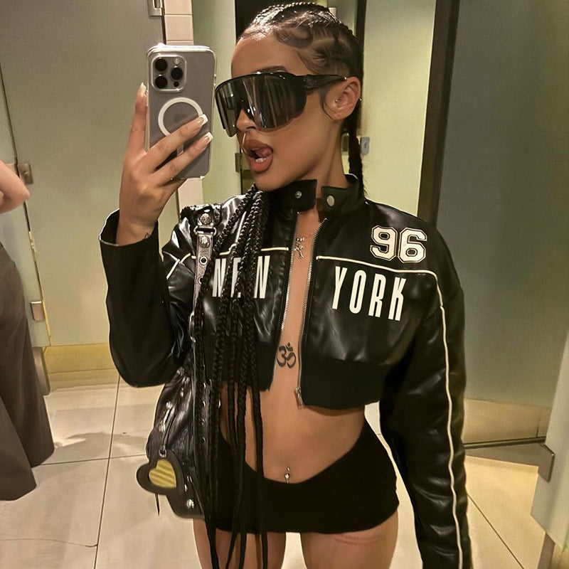 Fashionable Letter Printed Leather Jacket For Women