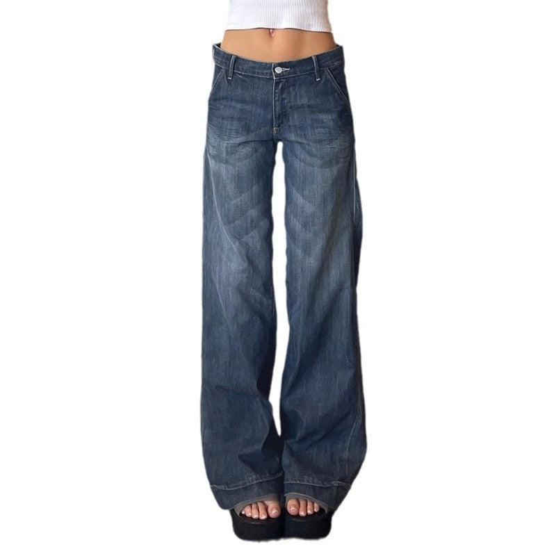 Women's Low Waist Washed Wear-white Blue Jeans All-matching Straight