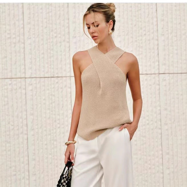 Elegant Cross-halterneck Spaghetti Straps Sleeveless Knitted Vest Top