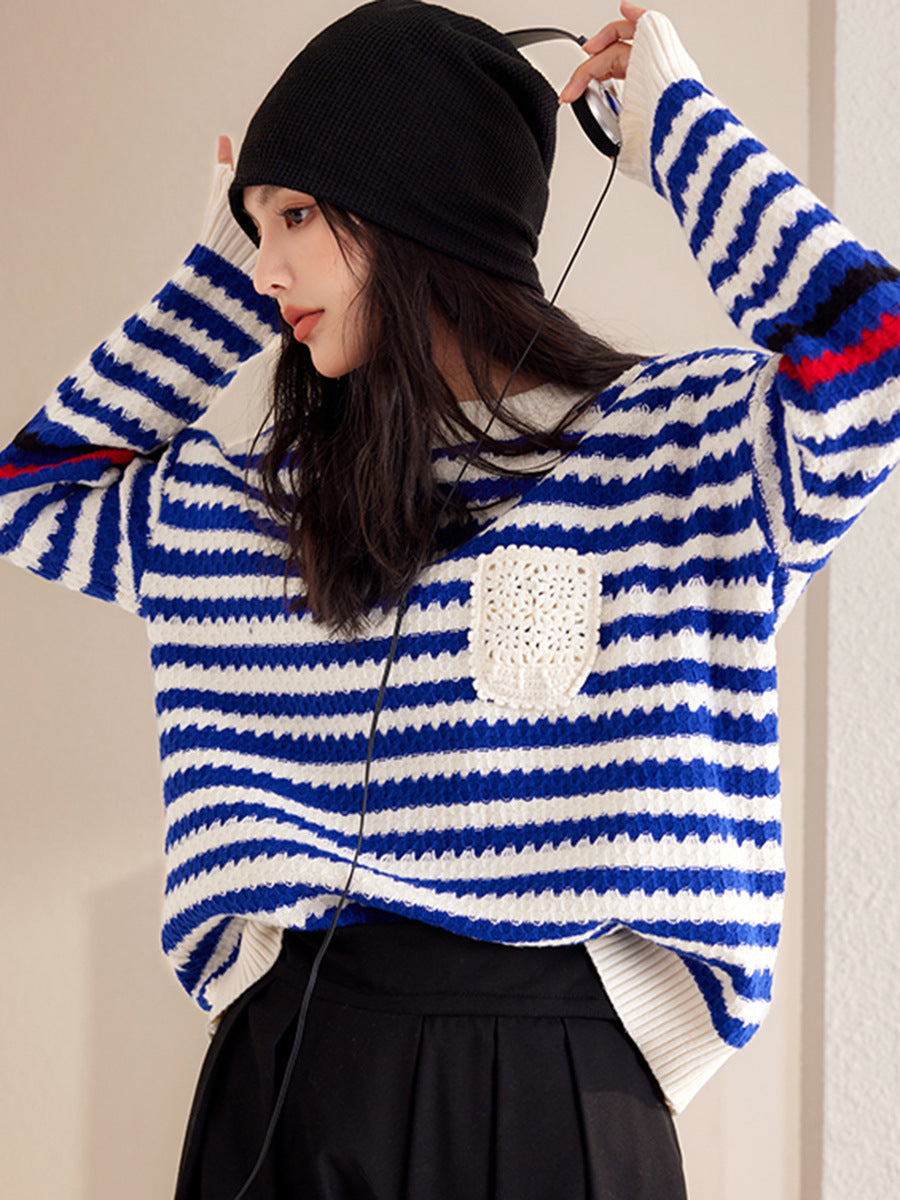Autumn And Winter Blue Women's Striped Pullover Fashionable Sweater
