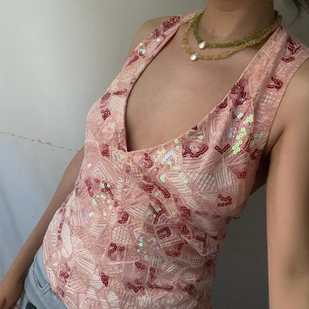 Women's Clothing Sequins Glitter Casual V-neck Sleeveless Vest