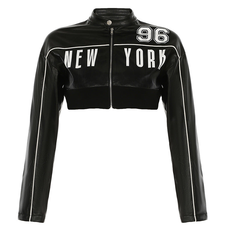 Fashionable Letter Printed Leather Jacket For Women