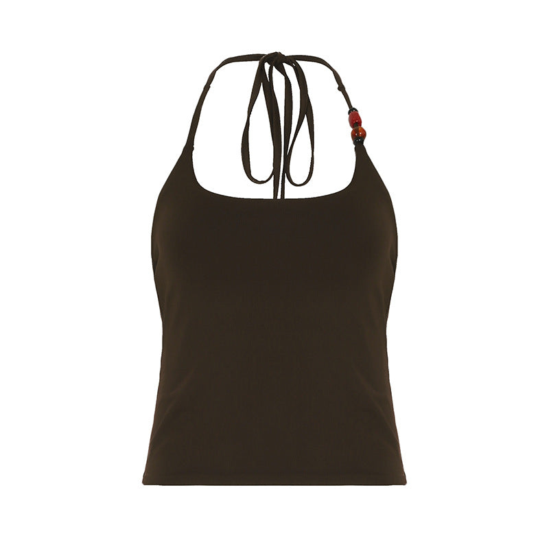 Beaded Decorative Design Sexy Hot Girl Slim Fit Backless Halter Lace-up Vest