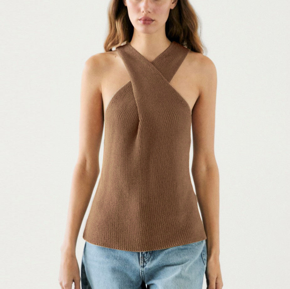 Elegant Cross-halterneck Spaghetti Straps Sleeveless Knitted Vest Top
