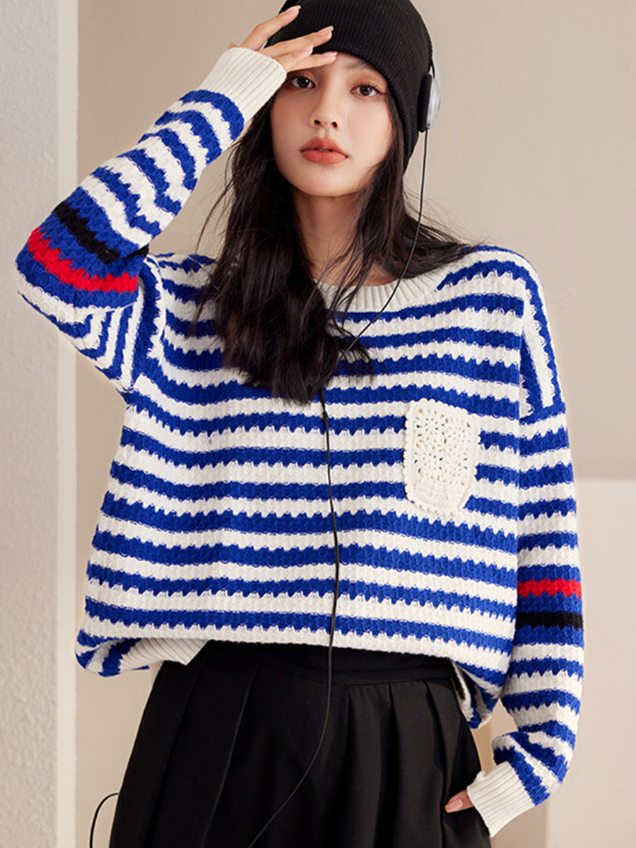 Autumn And Winter Blue Women's Striped Pullover Fashionable Sweater