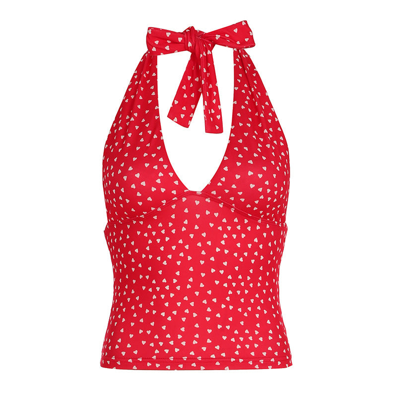 Printed Halter Strap Vest Girl Deep V-neck Strap Top