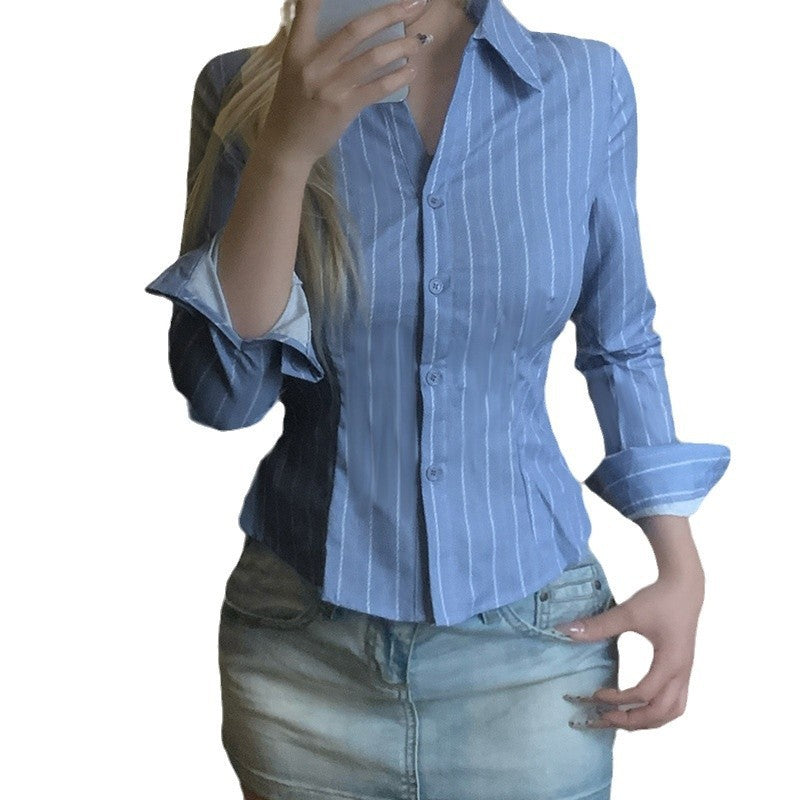 Striped Lapel Women's Slim Top