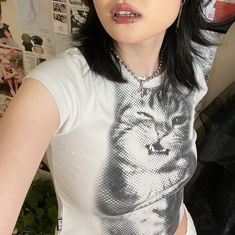 Women's Street Style Cat Printing Short-sleeved T-shirt