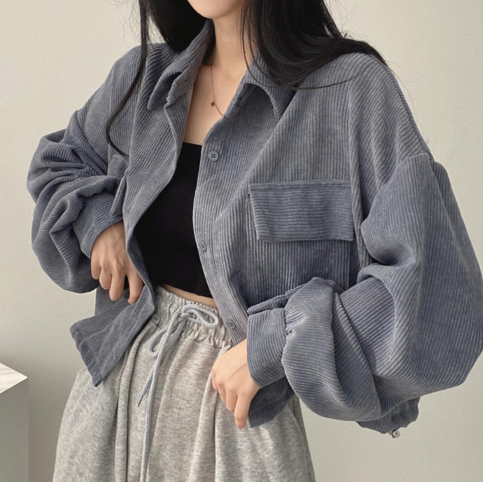 French Style Retro Easy Matching Corduroy Shirt Long Sleeve Coat For Women