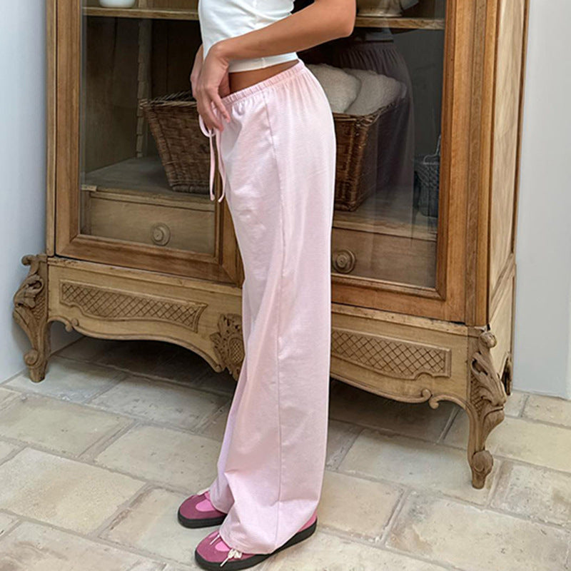 Women's Striped Print Y2K Fashion Casual Lace Up Home Straight Wide-leg Pants