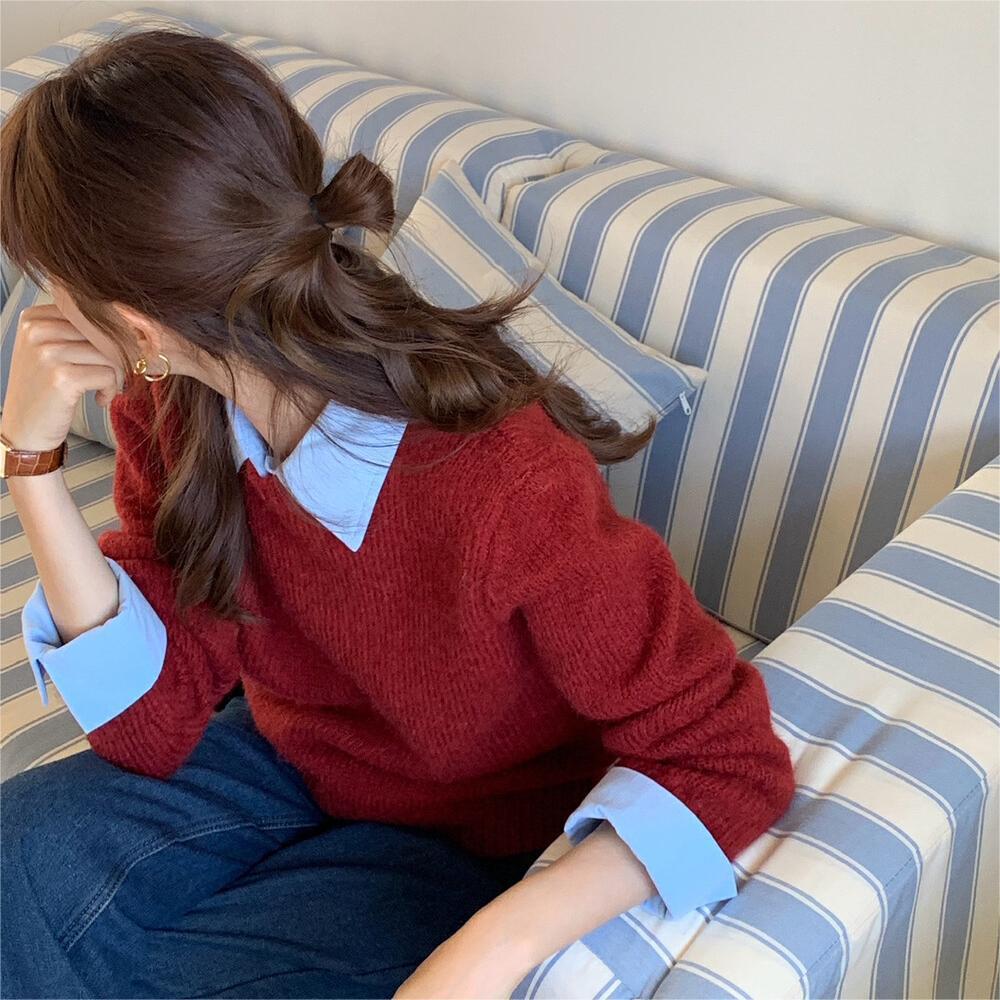 Idle Style Contrast Color Lapels Knitwear Top For Women