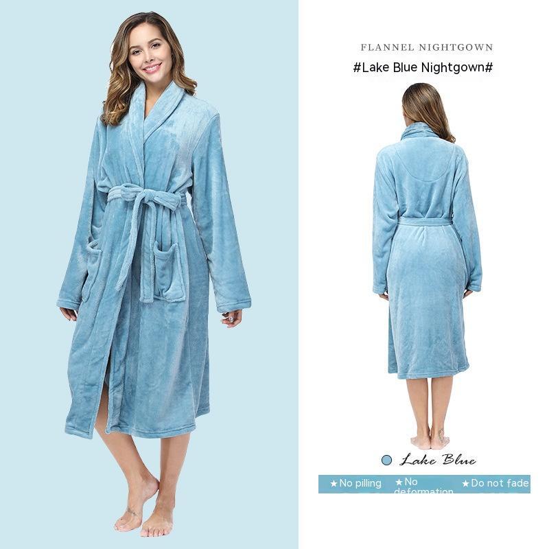 Flannel Couple Lapel Solid Print Nightgown