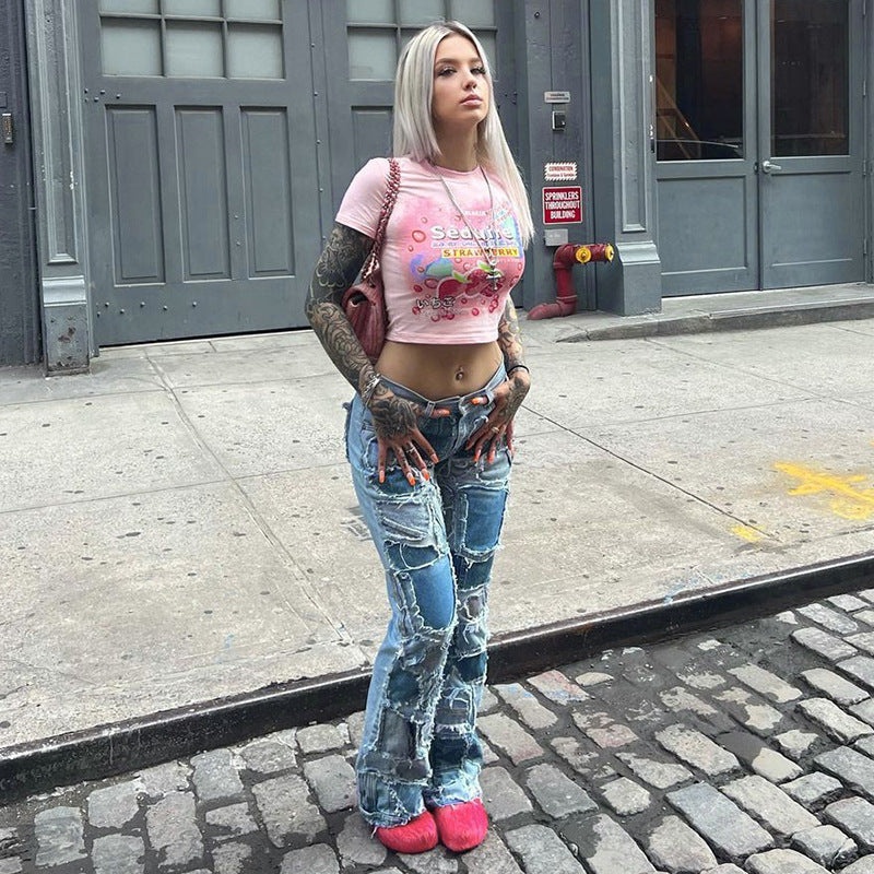 Cropped "Strawberry" Print Shirt