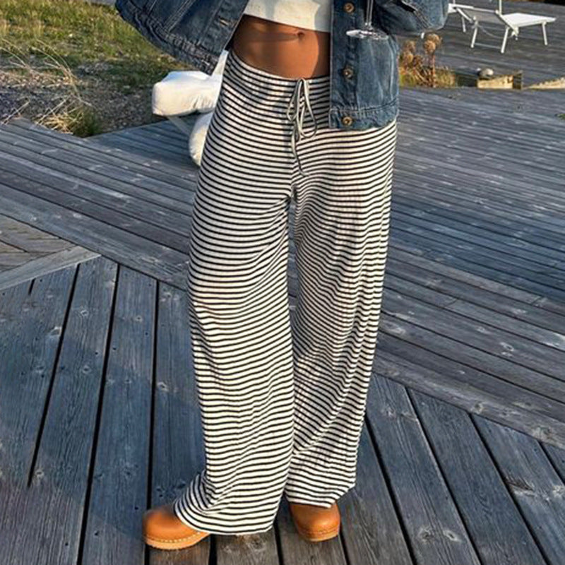 Women's Striped Print Y2K Fashion Casual Lace Up Home Straight Wide-leg Pants