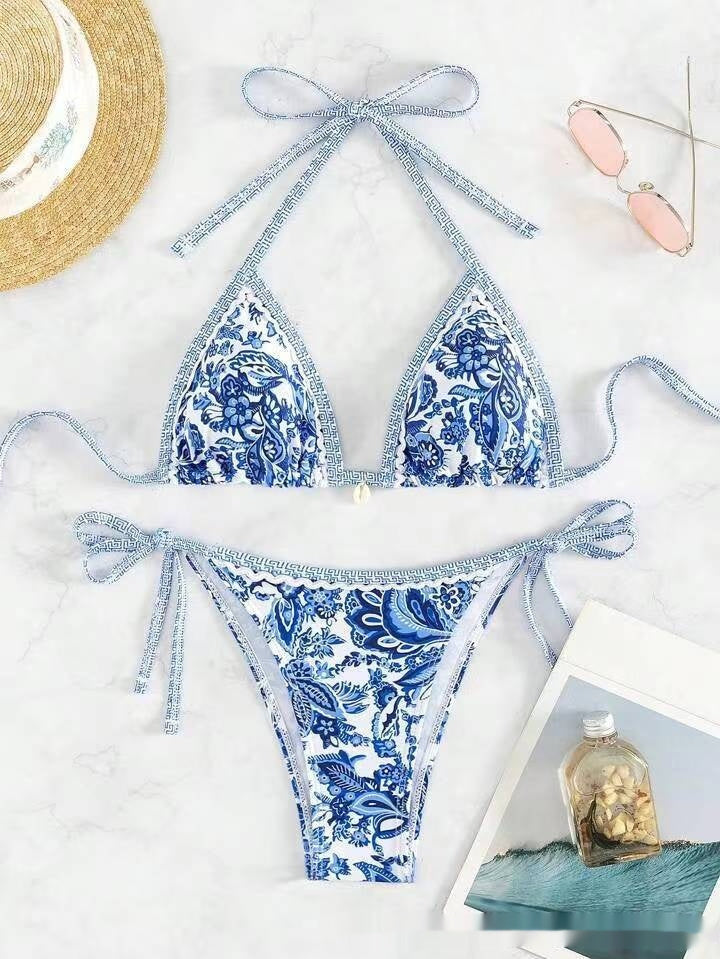 Blue And White Porcelain Printed Bikini Swimsuit Suit