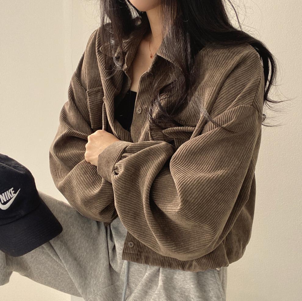 French Style Retro Easy Matching Corduroy Shirt Long Sleeve Coat For Women