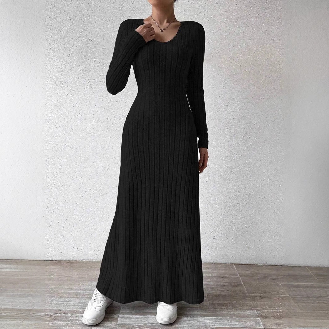 Women's Slim Fit Fashionable Knitted Solid Color Long Sleeve Dress