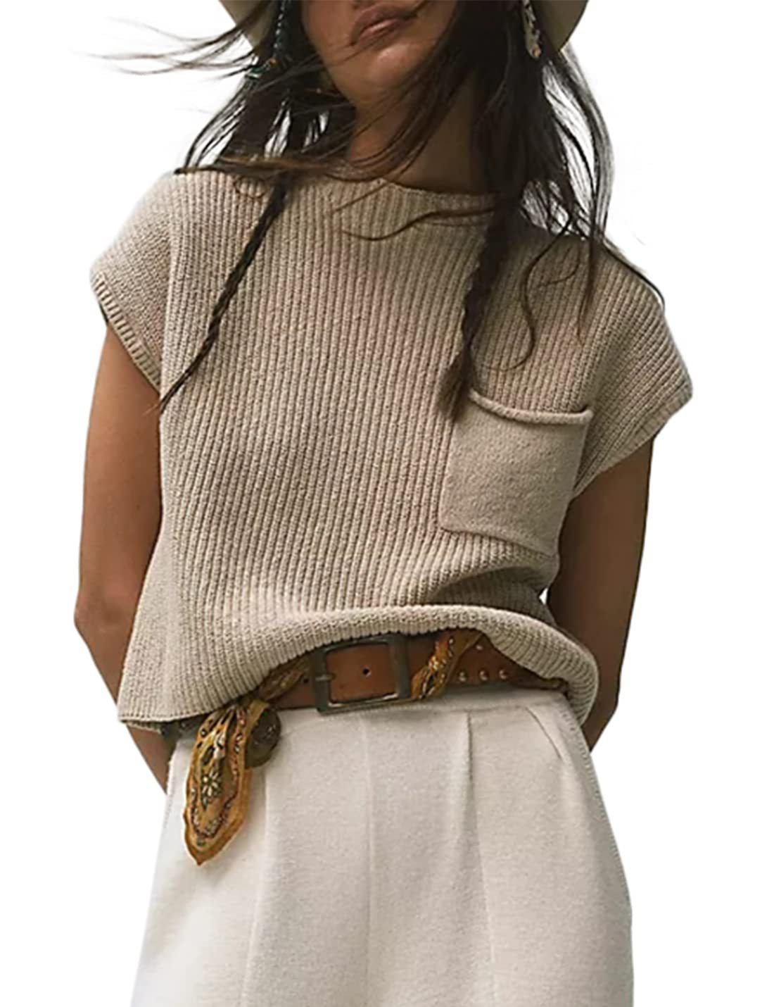 Women's Knitted Sleeveless Pocket Casual Rib Pullover