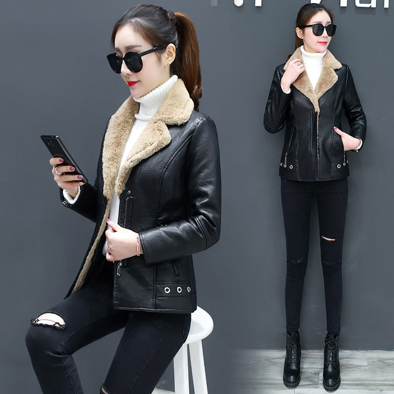 Short Fur Plus Velvet Warm Leather Jacket