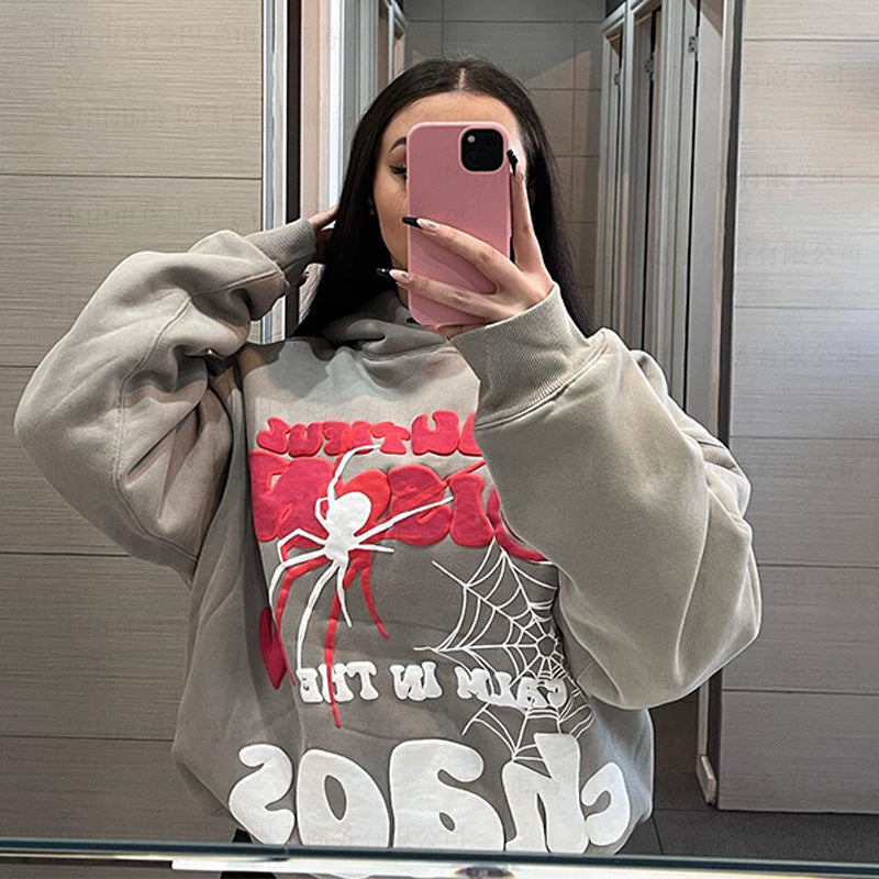 Letter Spider Web Foam Loose Hip Hop Hooded Pullover