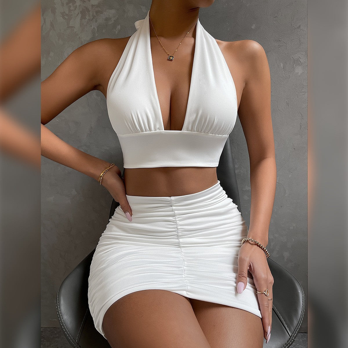 2pcs Dress For Women Halter Lace-up And Pleated Hip-covering Skirt