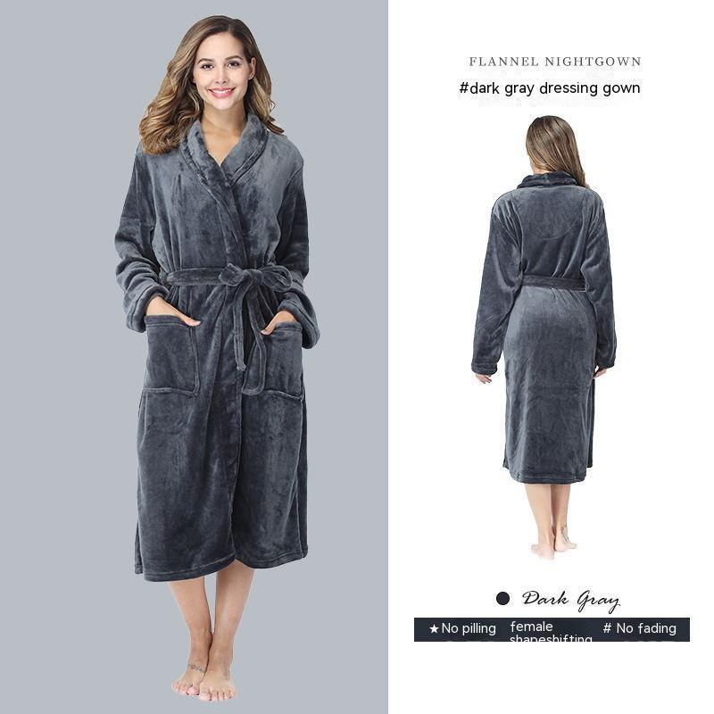 Flannel Couple Lapel Solid Print Nightgown