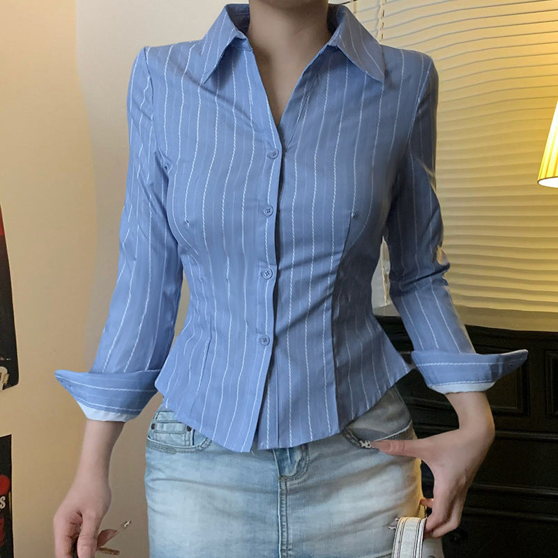 Striped Lapel Women's Slim Top