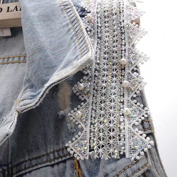 Women's Lace Studded Beaded Denim Jacket